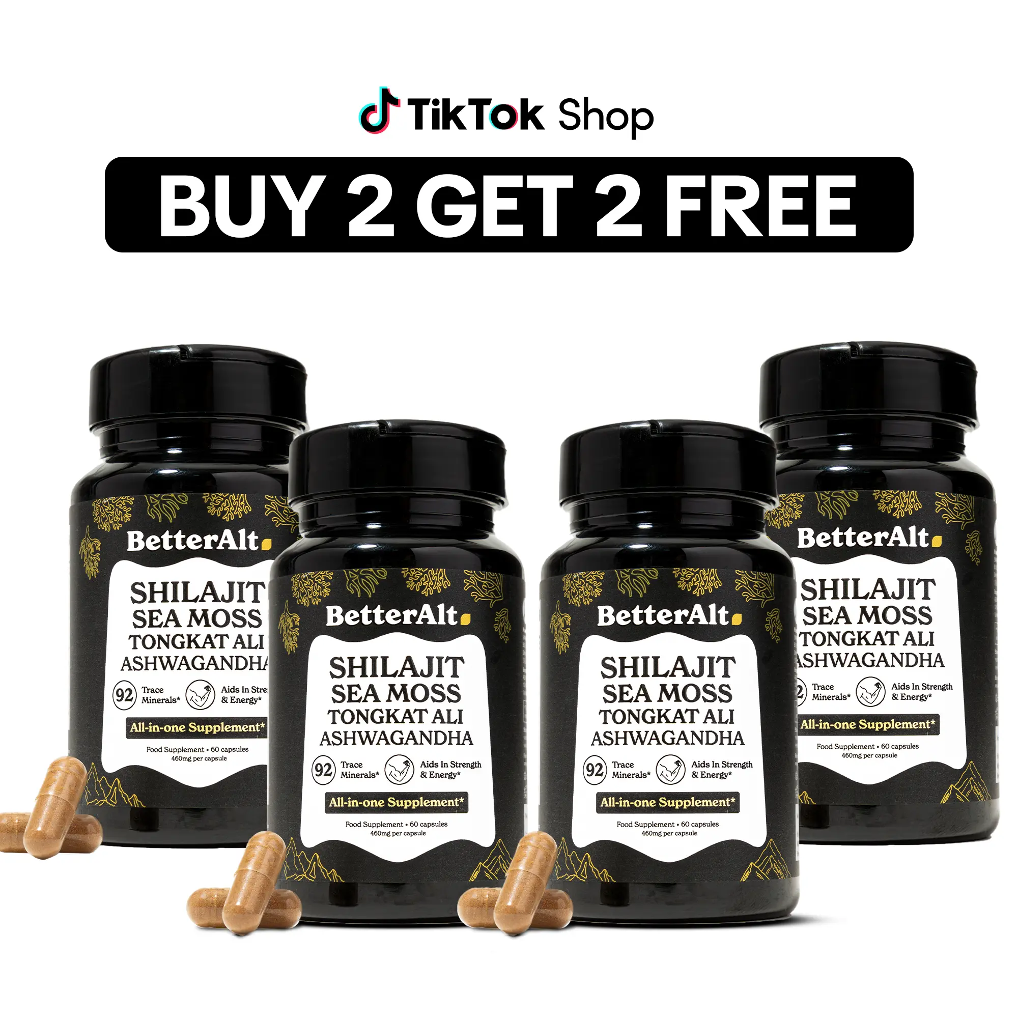 BetterAlt B2G2 GOLD+ Shilajit, Ashwagandha & Sea Moss Capsules | Lab-Tested for Purity | Helps Boost Energy & Immunity | 2-Month Pack BetterAlt B2G2 GOLD+ Shilajit, Ashwagandha & Sea Moss Capsules | Lab-Tested for Purity | Helps Boost Energy & Immunity | 2-Month Pack