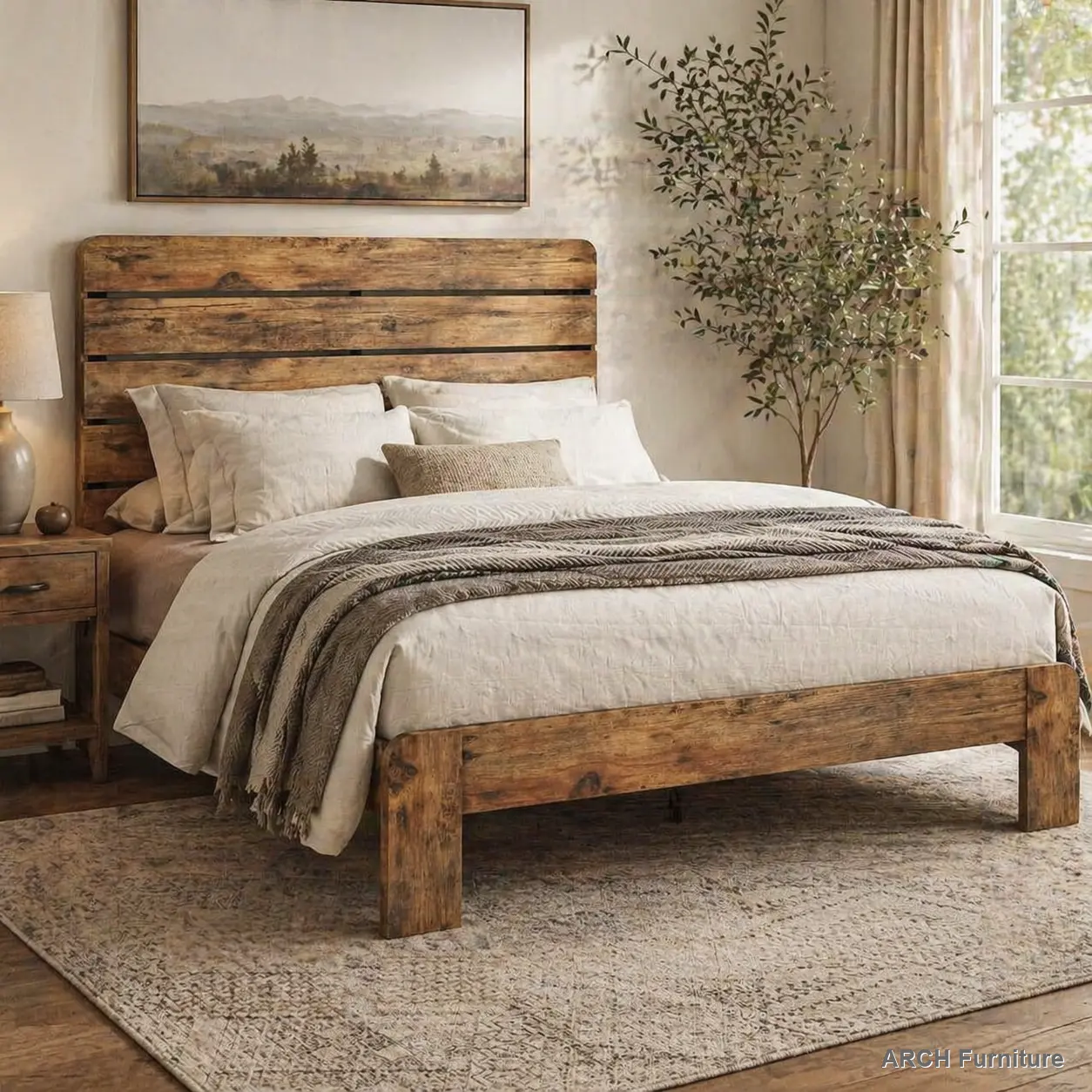 Light Brown King-Size Solid Wood Bed Frame with Striped Headboard, Rustic Farmhouse Sturdy Platform, Wooden Slats Support, Large Underbed Space, Silent Structure, Easy Assembly, Easy Cleaning