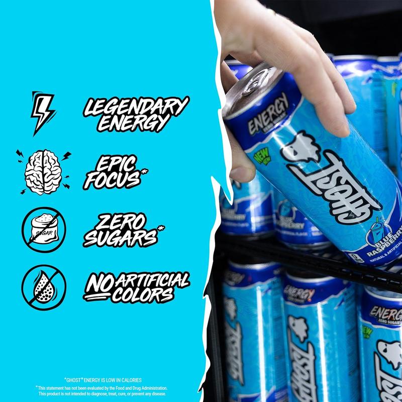 GHOST Energy Drink - 12-Pack, Blue Raspberry, 16oz Cans