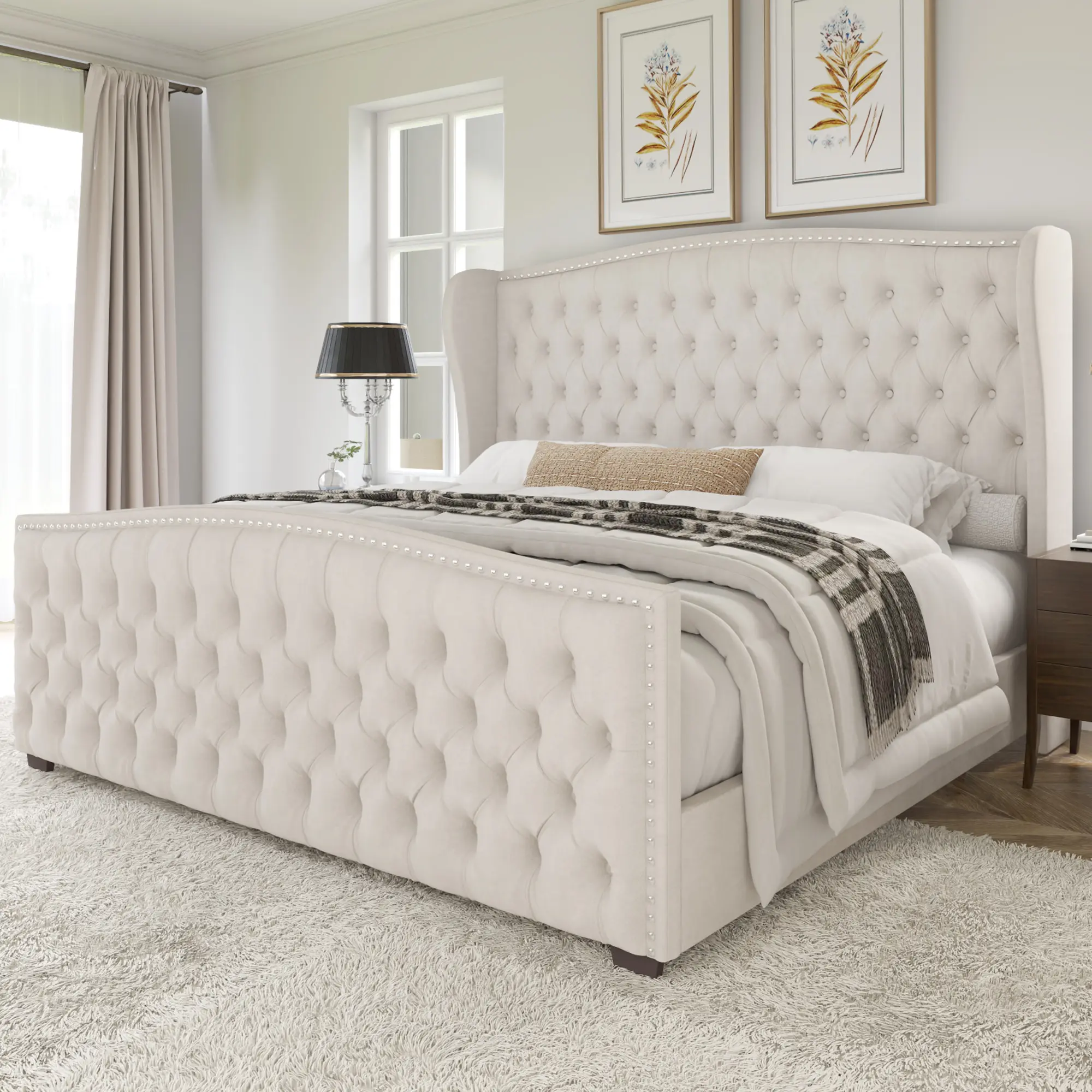 ALBOTT Luxury Modern Bed Frame with Upholstered Wingback Headboard, Handmade Button Tufted & Nailhead Design, Wooden Slats Support, Elegant Bedroom Furniture, Queen/King/California King Size, Christmas Gifts