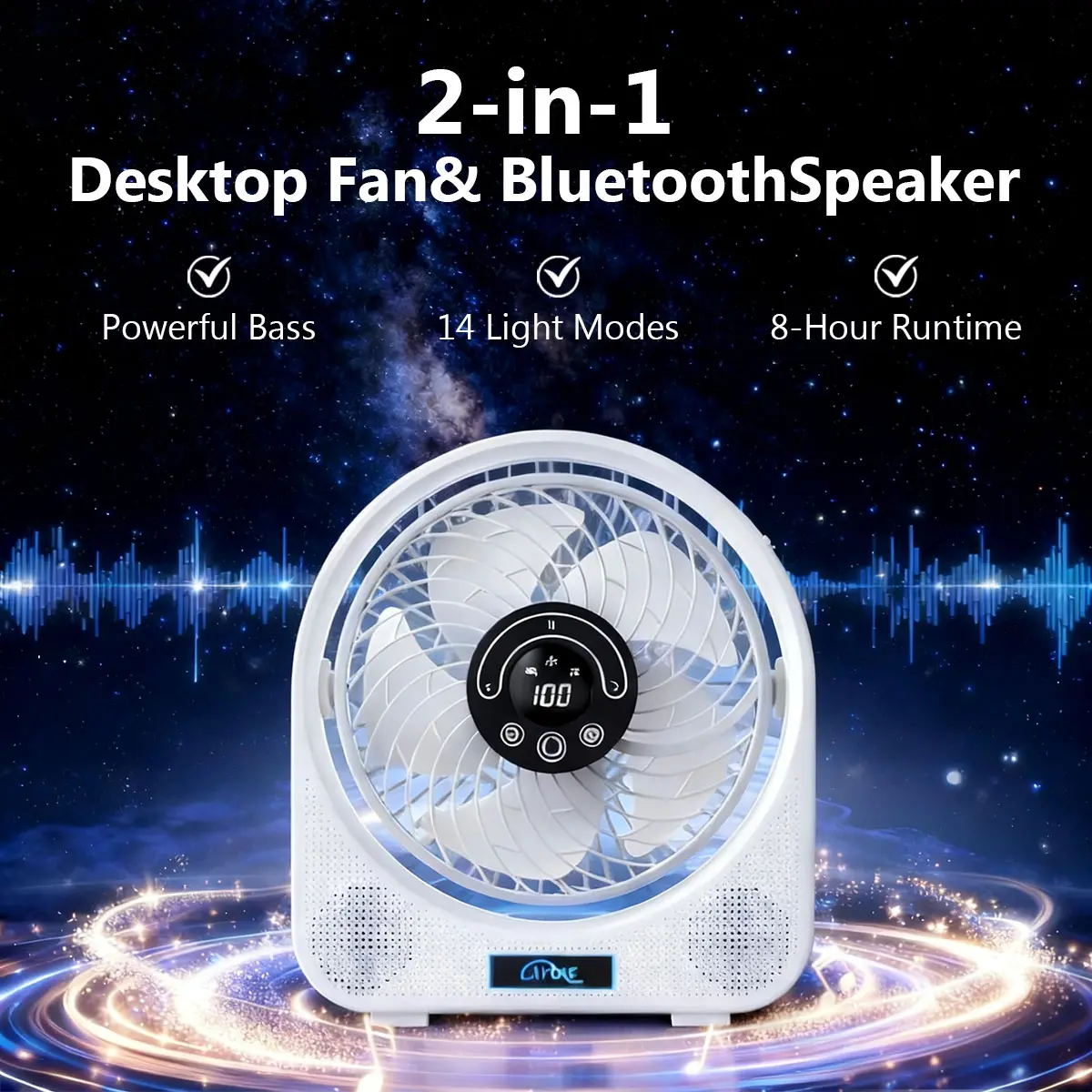 LAMJIE 2-in-1 Portable Fan with Bluetooth Speaker, 14 RGB Light Modes Desk Fan, 12H Runtime Quiet Rechargeable Fan for Gaming Setup, Home Office & Camping | Must-have Aesthetic Desk Accessory