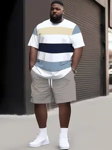 Men's Plus Size Unisex Casual 2-Piece Set, 3D Digital Print Short Sleeve Tee + Shorts, Outdoor Fashion