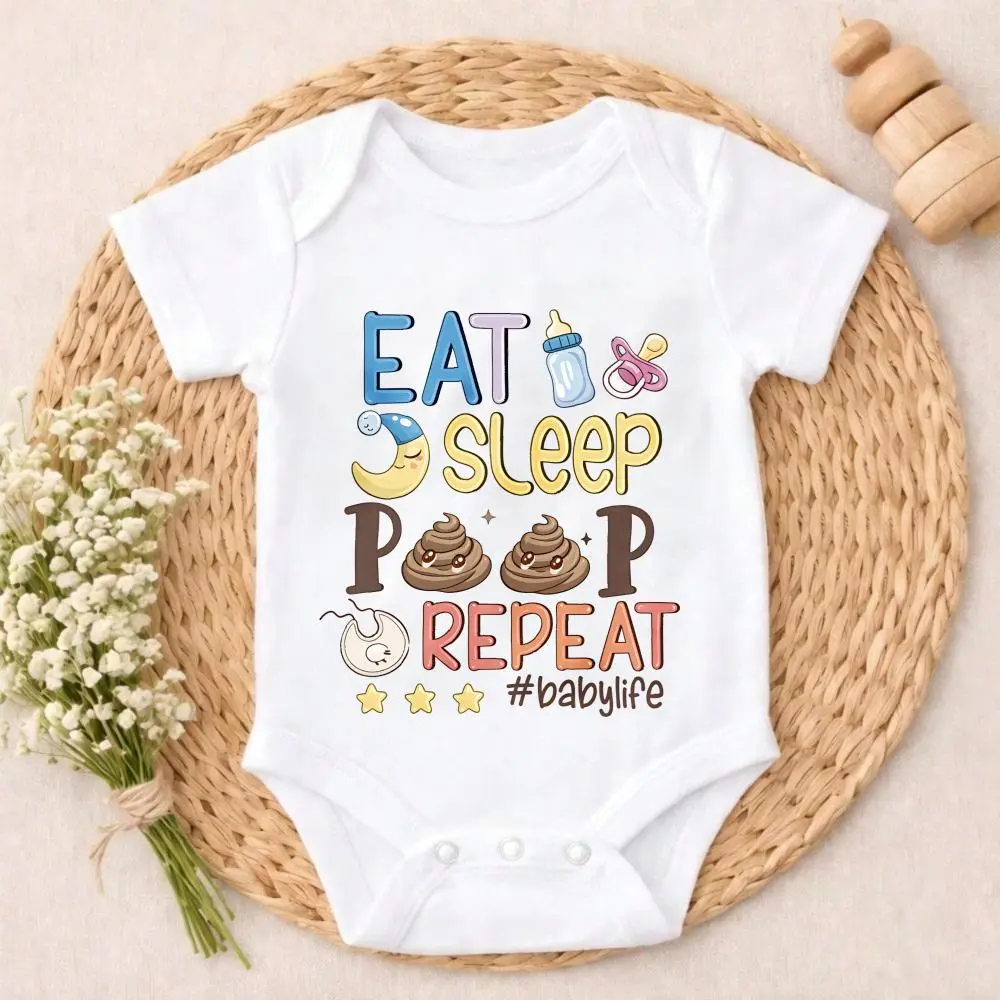 Soft Breathable Cotton Infant Newborn Bodysuit Romper Set - Babylife Essential Casual Wear with Snaps, Vivid "Eat Sleep Poop Repeat" Design, 0-3m/12m/18m Sizes - Ideal for Baby Showers & Daily Wear