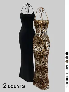 Women's 2-piece halter neck fitted fishtail maxi dress set, Y2K sleeveless evening gown (including leopard print version), trendy and sexy street style, suitable for evening outings and formal occasions.