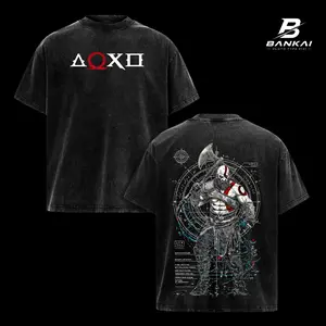 God of War Kratos Vintage Washed Graphic Tee, Spartan Warrior Gaming Oversized Heavyweight T Shirt, Mythology Gamer Streetwear, Acid Wash Black Cotton Double Sided Print, Retro Y2K Grunge Unisex Apparel Gift for God of War Fans