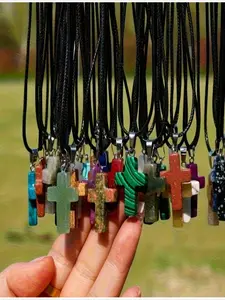 15pcs Natural Stone Cross Pendants Necklace Set, Jewelry Making for Necklace Jewelry Making, Chakra Gemstone Quartz Cross Necklace Decoration with Black Leather Cord, Easter Party Gift Birthday Gift Christmas Gift (15 Pendants + 15 Necklace Chains)