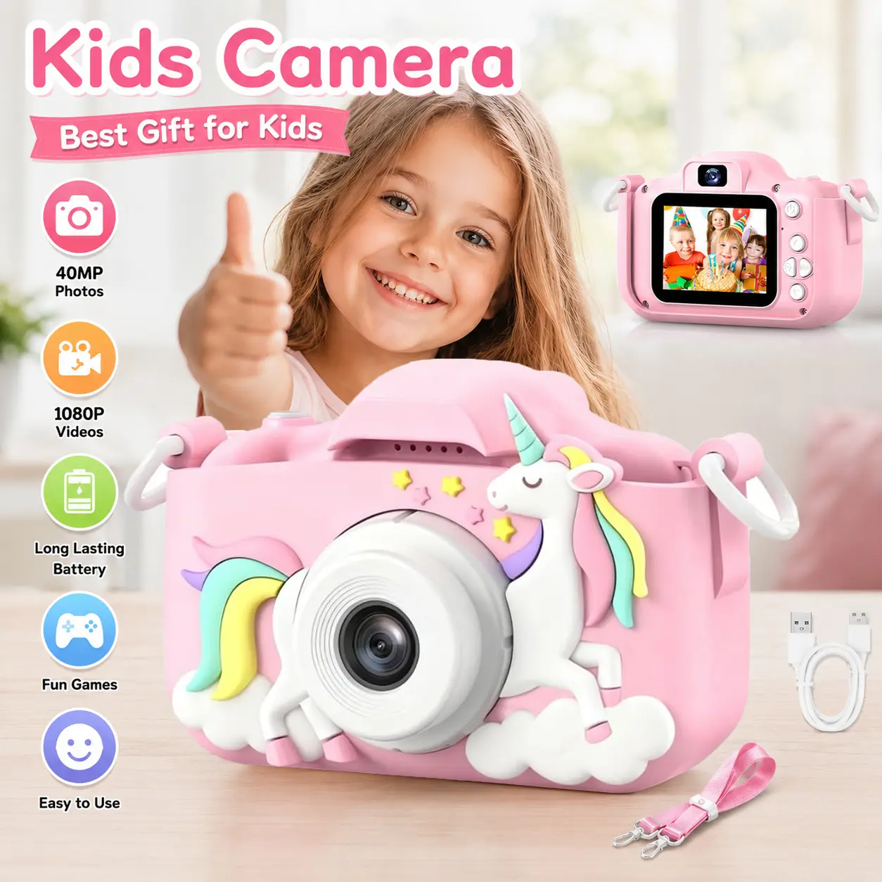 Kids Toy, Kids camera, 1080P HD, 48MP, Multiple cute filters to choose from, video shooting, multiple games, Boys/Girls' Holiday Birthday Gifts, preferred kids birthday gift