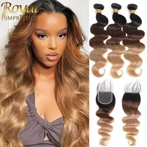 Ombre Color Body Wave Human Hair Bundles with closure 100% Unprocessed Brazilian Virgin Remy Hair Extensions Real Human Hair for Women Quick Weave 3 Tone Black to Blonde 1b/4/27 human hair bundles with frontal