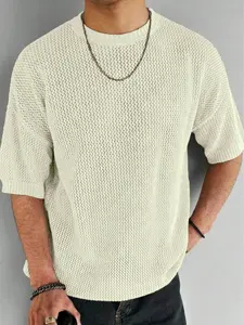 Men’s Spring/Summer Solid Color Crew Neck Knit Sweater Pullover Short Sleeves Casual Basic Top Beige Knit T-shirt