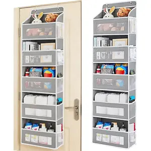 Over-the-door storage organizer with 5 shelves and 5 large capacity pockets, featuring an anti-tipping design and a 44-pound weight capacity. Suitable for bedrooms, bathrooms, storage rooms, nurseries, etc. (Gray)