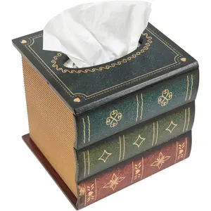 Crafted Classical Retro Wooden Antique Book Tissue Box Cover Square Tissue Holder Dispenser Paper Cover Case Napkin Holder Home Decor for Bathroom Living Room Office car Kitchen (Green)