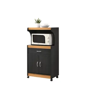 212 MAIN Black & Beech Microwave Kitchen Cart, 45.19x15.75x24 in, 1 Shelf, Wheels, Space Saving Cabinet, Wooden Storage Cabinet, Drawer Platform