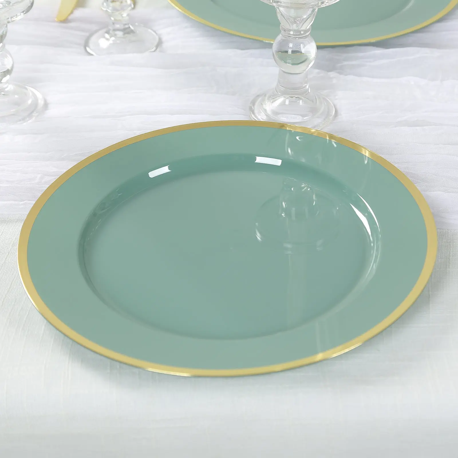 10-Pack Economy Solid Colored Plastic Round Charger Plates - 12" Dusty Sage Green Wide Rim Color-Themed, Large, Lightweight Plates for Party, Wedding Formal Events, Color-Themed Plates