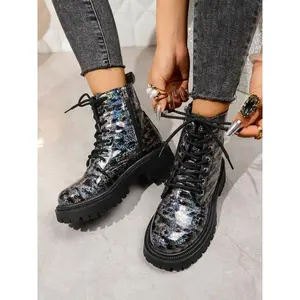 Women's Fashion Ankle Boots, Side Zipper Design, Classic Motorcycle Boot Style, Camo Lace-Up Combat Boots for Walking & Work