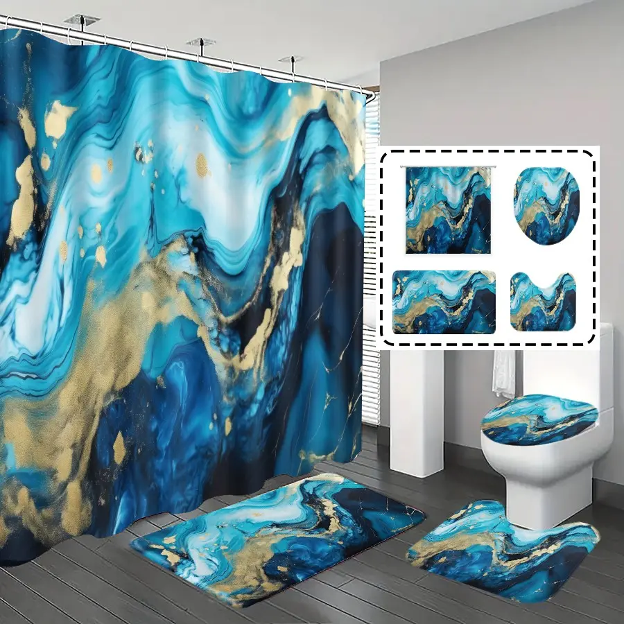1pc/4pcs, bathroom curtains shower, bathroom set, shower curtains, bathroom rug, home decoration, Bathroom Decorations, bathroom mat, blue marble pattern, simple and luxurious theme decoration, with 12 hooks, Shower Curtain Sets