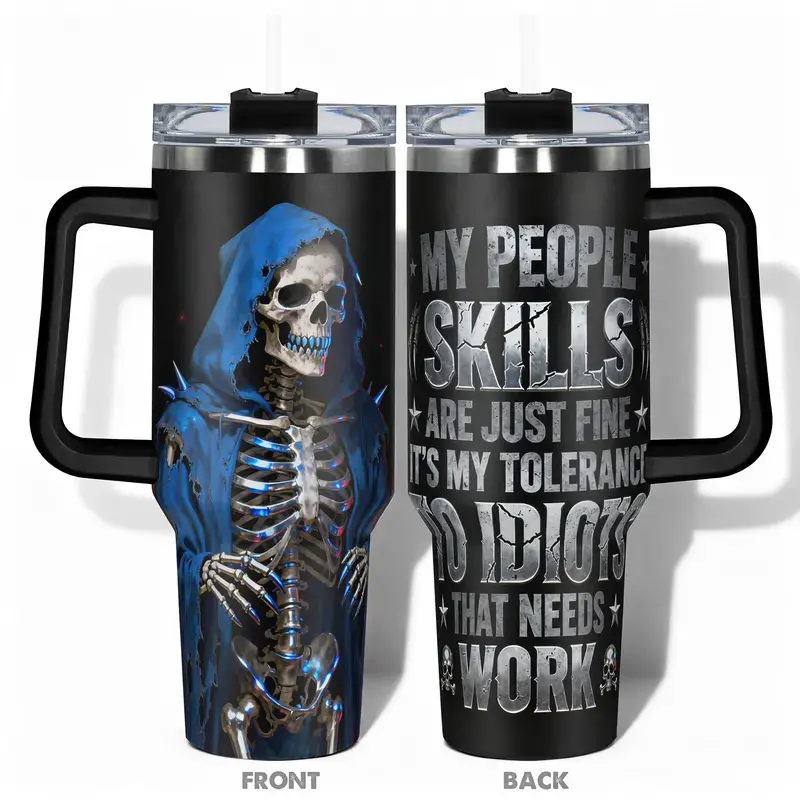[Gift box and straw] 1pc Stainless Steel Vacuum Insulated Cup 40oz 20oz Water Bottle, Insulated Tumbler, Funny Design With Grim Reaper Skeleton, Double-layer insulation, Double Wall Insulated, Leakproof, Large Capacity