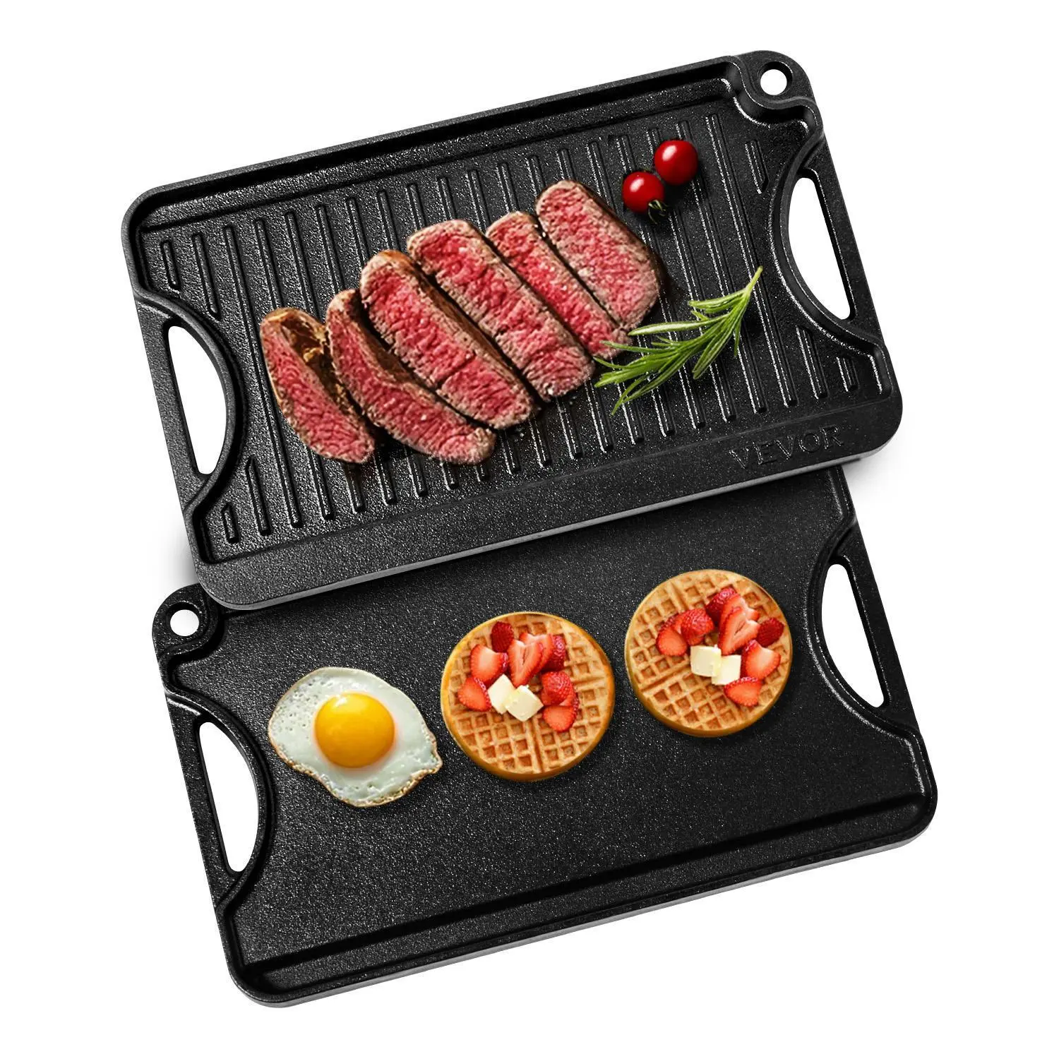 【SummerFinds】VEVOR Pre-Seasoned Sturdy Cast Iron Reversible Grill Griddle - 14x8.5 in Black Cookware with Handles, All Purpose Grilling, Stove-Compatible, Easy Oil Application