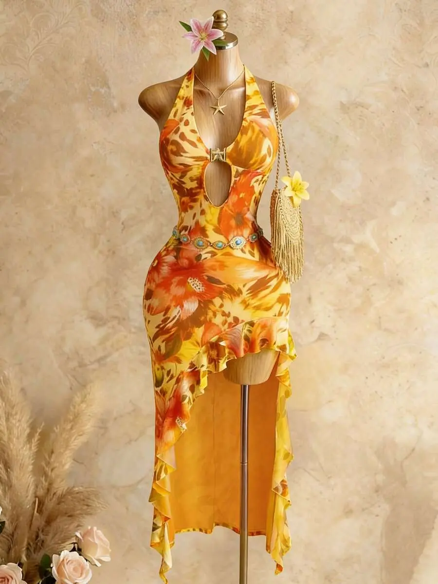 ARTYOTI Summer Backless Halter Floral Dress,Orange Yellow Boho Holiday Vacation,Elegant Deep V Neck Hollow Out Ruffle Asymmetric Hem Beach Party Dresses