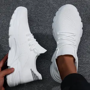 Trendy Solid Color Mesh Breathable Flying Woven Shoes, Wear Resistance Non Slip Lightweight Sneakers, Casual Versatile Outdoor Sports Running Shoes