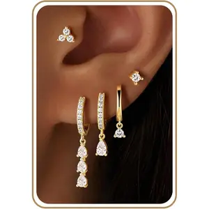 Gold Dangle Earrings Set for Women, Hypoallergenic 14K Real Gold Plated Drop Dangling Earrings Stack Dainty CZ hoop Earring Flat Back Stud Cartilage Earring Jewelry Gifts for Women