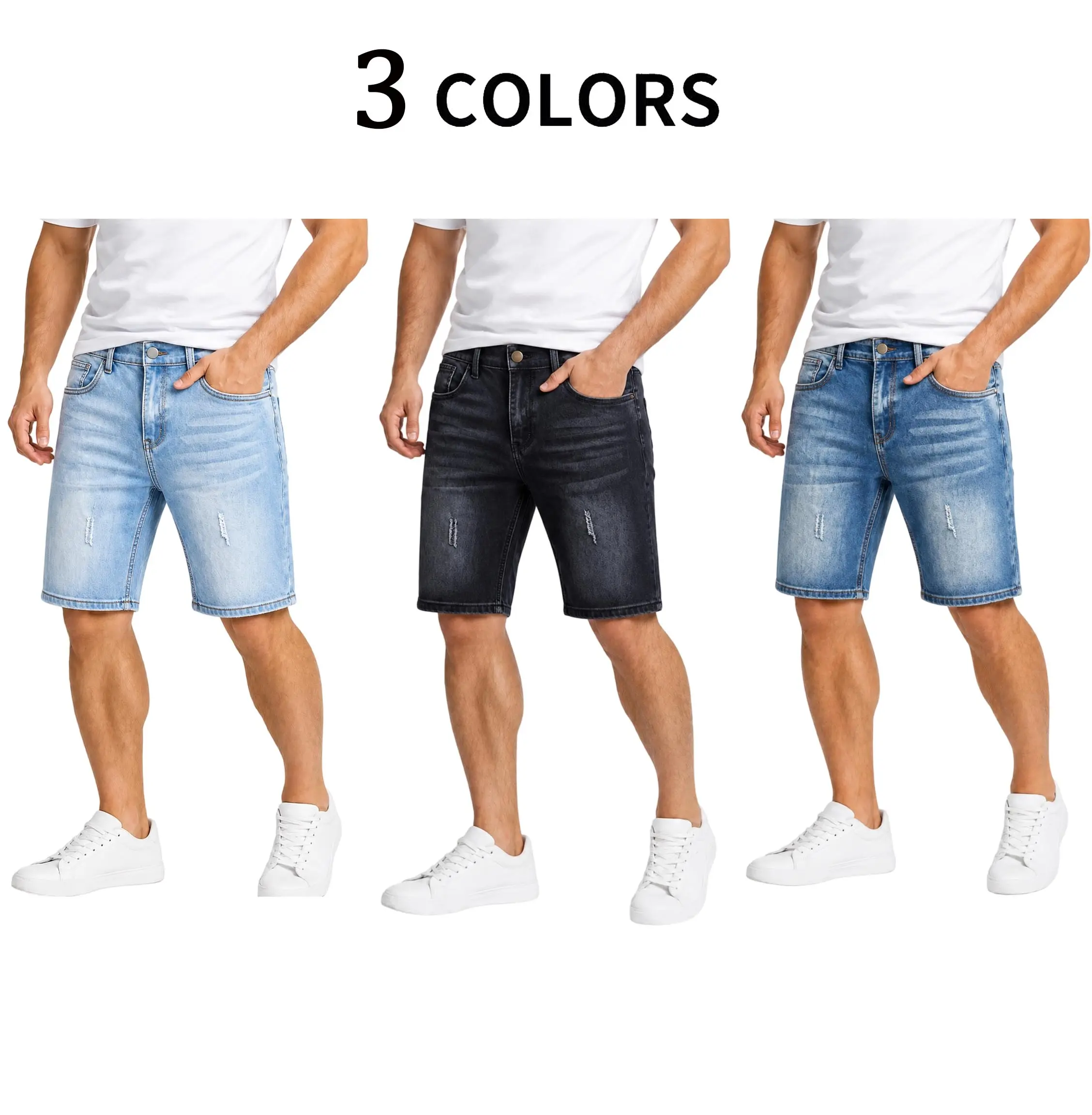 Clean Gent men’s straight-leg slim denim shorts, comfortable cotton denim shorts with slight stretch, men’s ripped denim shorts, classic street-style vintage fashion men’s denim shorts