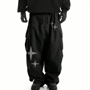 Men's Loose Fit Straight Leg Cargo Pants With Star Print Design Trouser Black Menswear Drawstring Waist Non-Stretch Polyester Spring Fall