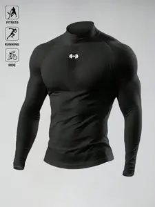 Men's High-Neck Compression Shirt, Long-Sleeve Gym Top with Dumbbell Logo, Quick-Dry & Elastic, Ideal for Fitness, Running, Riding
