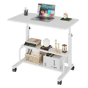 Portable Rolling Desk with Wheels Adjustable Height, 32" Computer Desk with Storage Shelves for Small Spaces, Mobile Home Office Desk Black