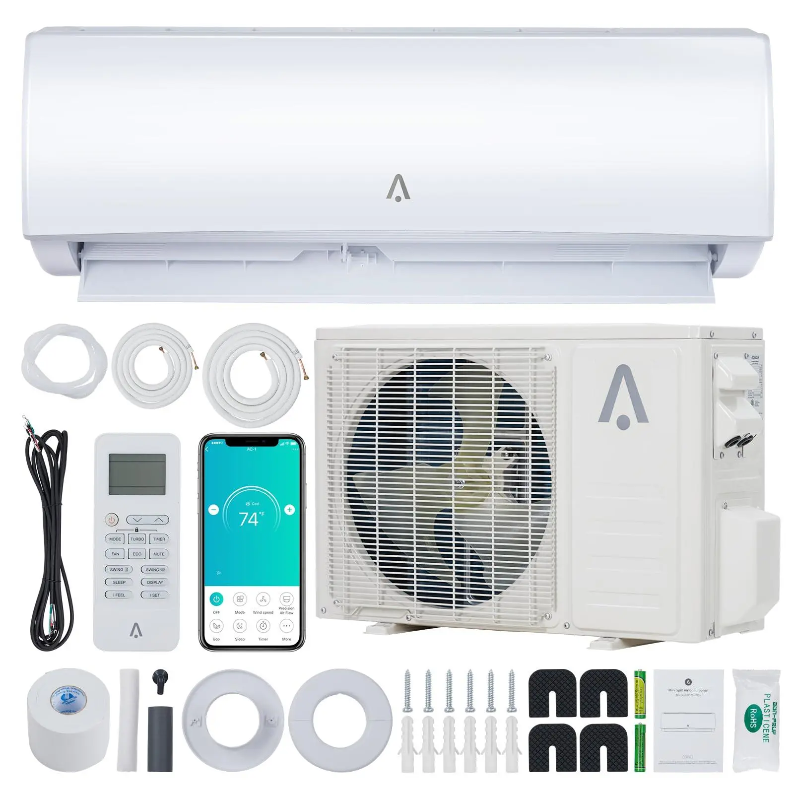Gaomon Wall-Mounted Ductless Inverter AC Unit - 12000 BTU, 21 SEER2, 230V Heat Pump System with WiFi, Remote Control, Installation Kits, Timer, Dehumidifier, Display Screen, Silent Mode, Smart Energy Savings, Cools Up to 750 Sq. Ft, Self-Cleaning, Washabl