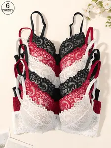 6-Pack Solid Color Lace Lace Women's Bra Underwear Gather Supportive Bra Adjustable Strap with Breasts Sexy and Elegant Comfortable and Skin-Friendly Suitable for Everyday Dates Casual Lace Bras