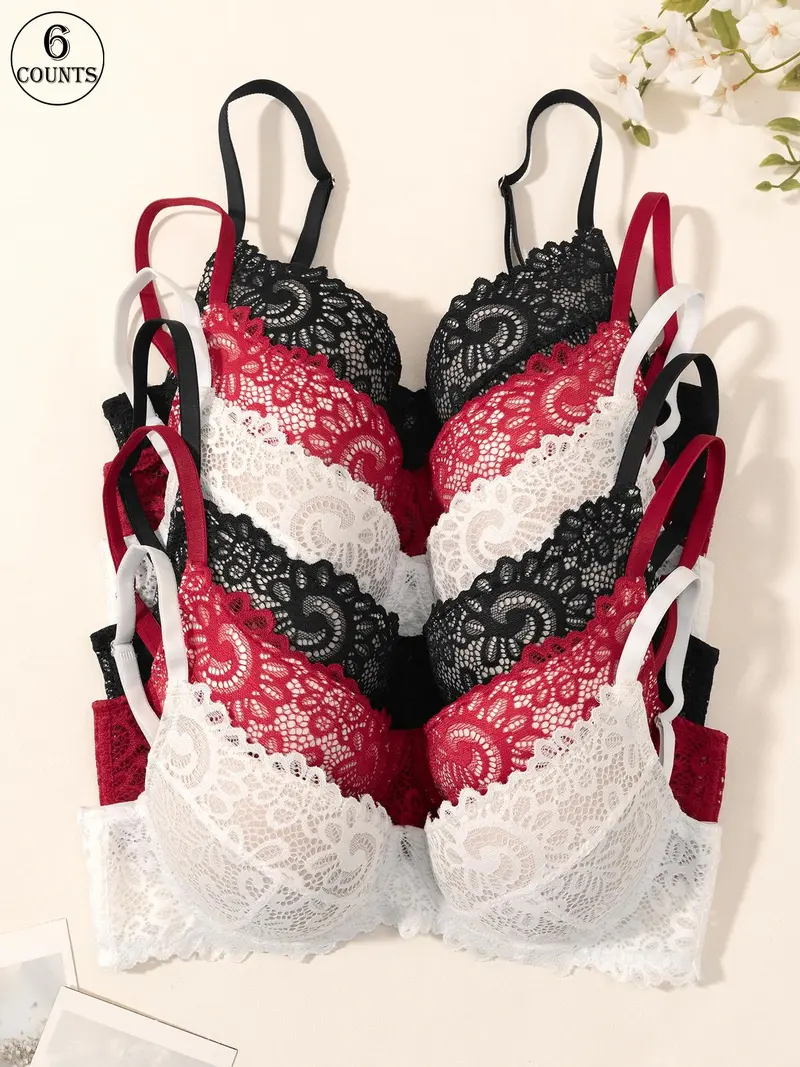 6-Pack Solid Color Lace Lace Women's Bra Underwear Gather Supportive Bra Adjustable Strap with Breasts Sexy and Elegant Comfortable and Skin-Friendly Suitable for Everyday Dates Casual Lace Bras