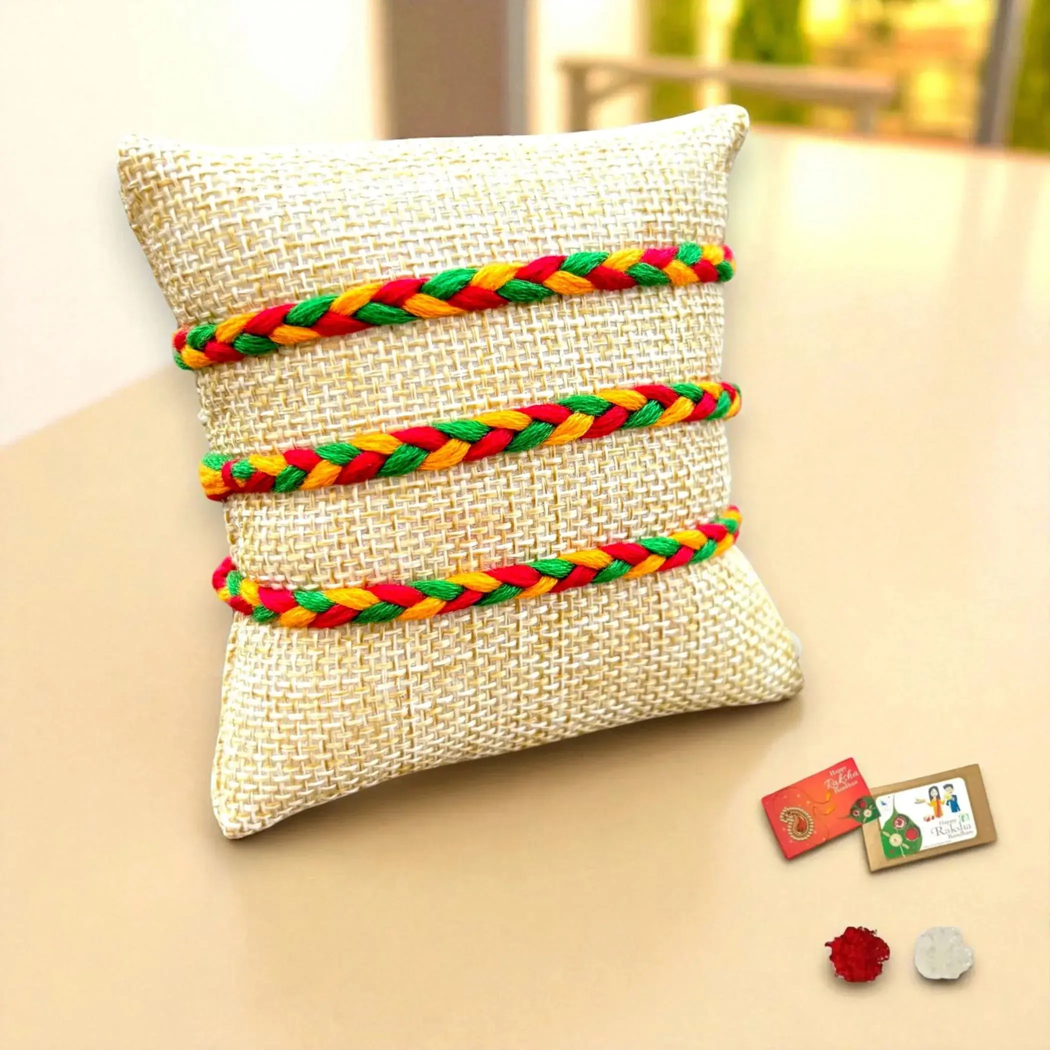 Cherished Pack of 3 Minimalist Rakhi | Handmade Cotton Thread Bracelets with Traditional Tika & Roli | Elegant Raksha Bandhan Gift Set