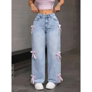 Y2K Style Jeans Light Wash Cotton Women's Loose Straight Leg Slacks with Pink Bow Detail, Button, Machine Washable,  Womenswear