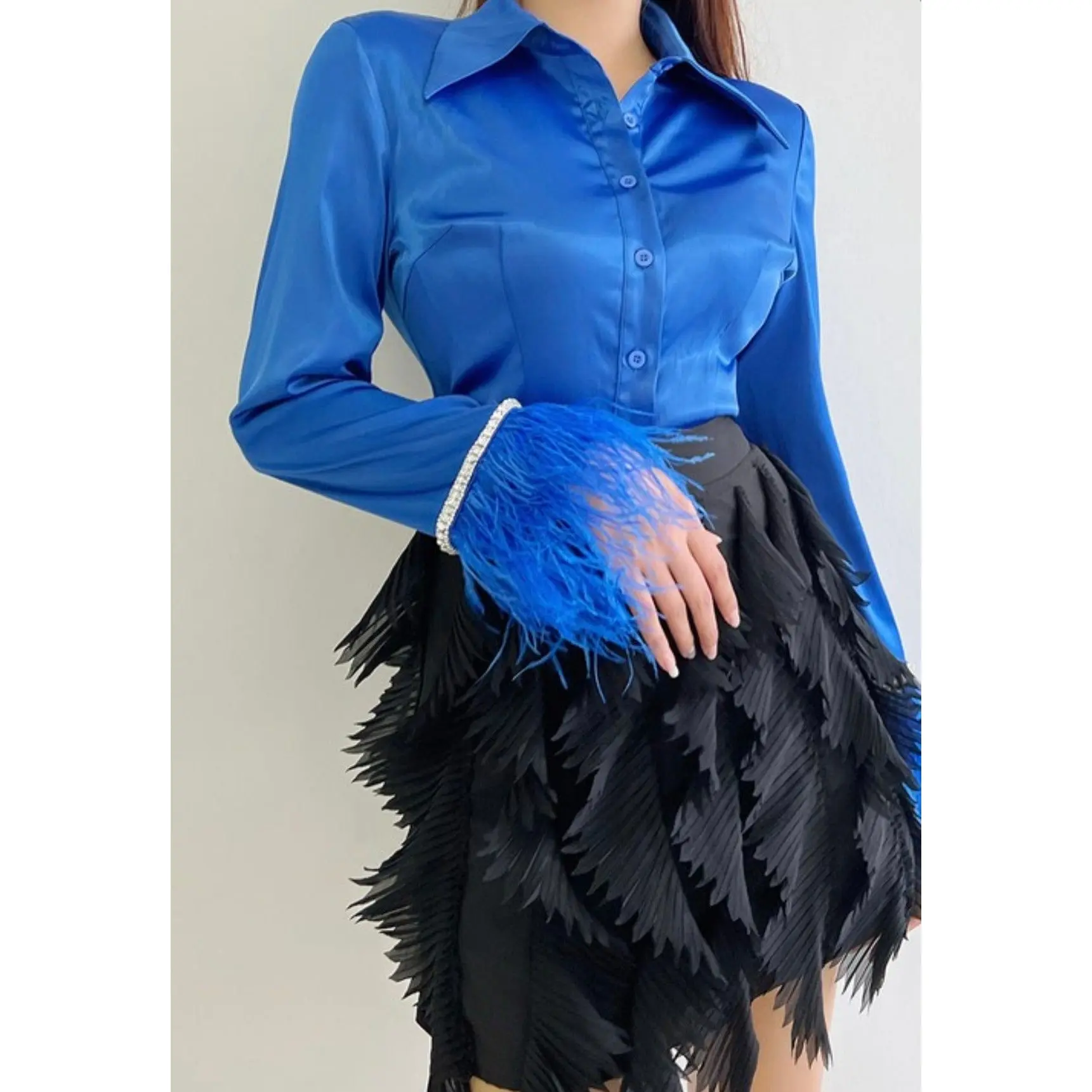 Blue Satin Feather Blouse