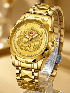 Men's Business Fashion Round Dial Analog Quartz Watch, Fashion Dragon Design Watch for Party, Daily Clothing Decor, Trendy All-match & Exquisite Watch for Birthday Gift with Box