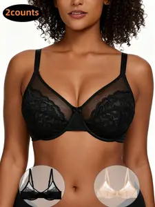 2 Pack Women's Floral Lace Underwire Bra Set, Comfortable Breathable Mesh Cups, Full Coverage Medium Compression Bras,