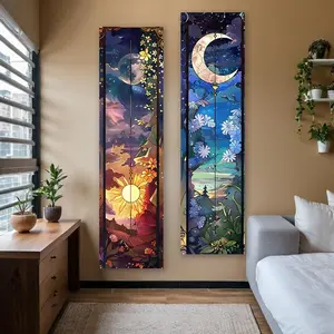 Sun & Moon Pattern Design Wall Hanging Tapestry, 2 Counts/set Tree Of Life Flowers Mountain Long Narrow Tapestry, Wall Decor for Home Living Room Bedroom Wall Tapestries, Tapestry Wall Mural