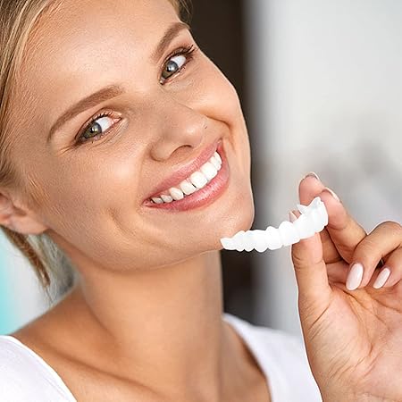 2-Pair Silicone Snap-On Smile False Teeth Set, Polypropylene Instant Veneers, Cosmetic Whitening Covers, Clip-In Top & Bottom Dentures for Stain Coverage