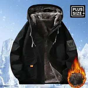 Men's plus size windproof winter jacket - thick fuzzy hooded jacket with inverted pockets, casual outdoor and sportswear, sports windproof jacket | sports style winter jacket | comfortable lining, winter clothing.RAIMENTRY