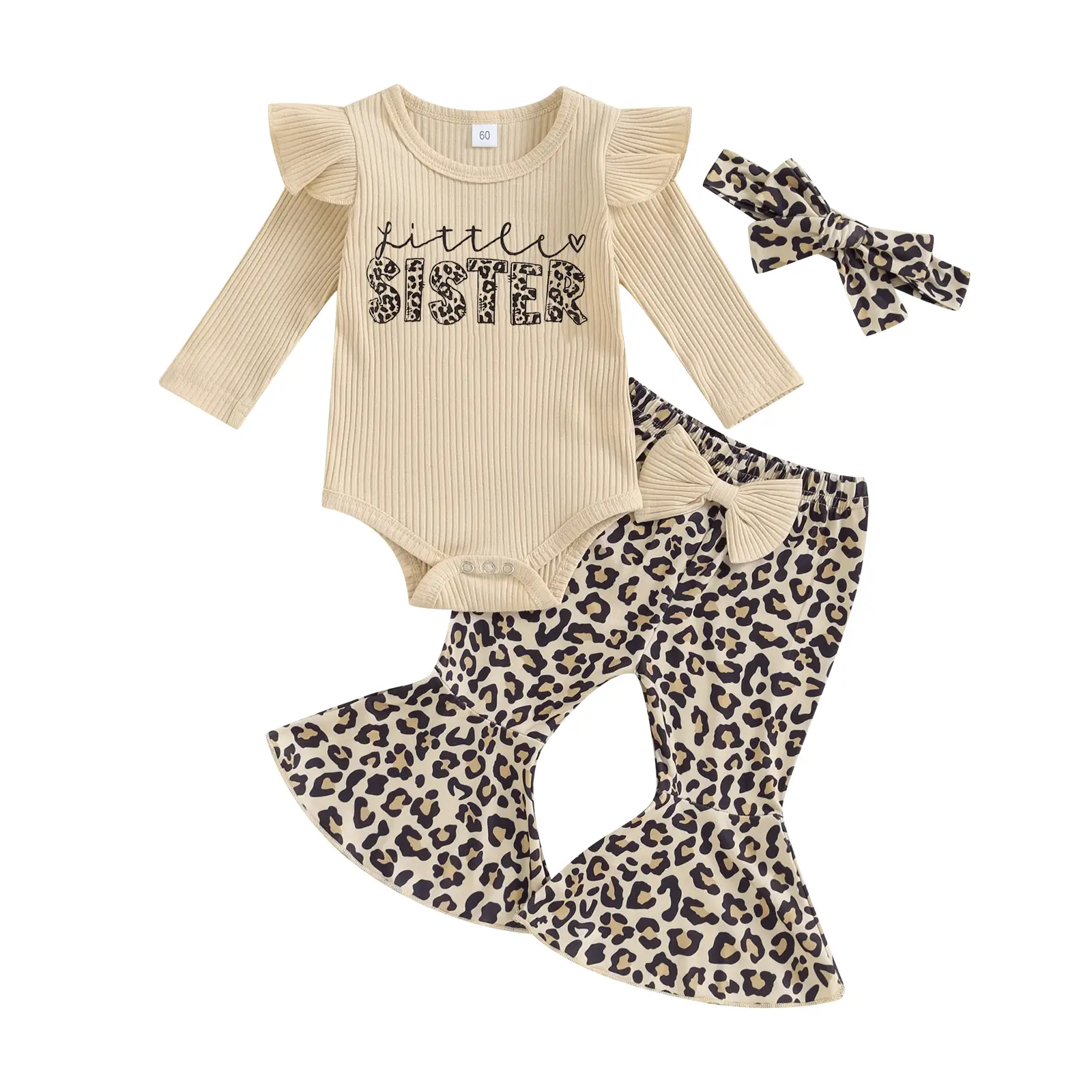 Newborn Baby Girl Clothes Little Sister Ruffle Romper Bodysuit Leopard Flare Pants Set Cute Headband Infant Fall Outfit