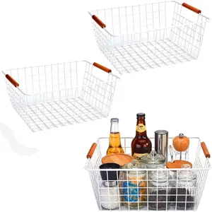 Large white wire baskets with Wooden Handles for storage pantry, Storage Organizer Baskets, Household Refrigerator for Cabinets, Closets, Bedrooms, kitchen - Set of 3 White