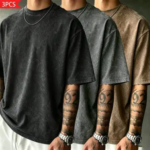 Men's 3-Pack Vintage Distressed Short-Sleeve T-Shirts, High-Street Washed Finish, Loose Casual Heavyweight Oversized Streetwear Tops, Menswear Male Clothing Clothes, Blue & Multiple Colors, Suitable for Spring/Summer/Autumn