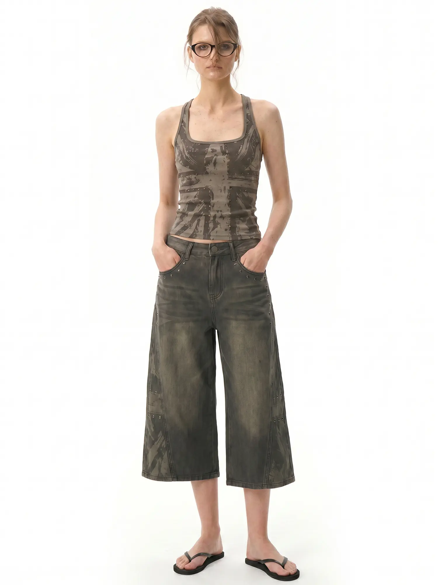 FDR Women’s Distressed Camo Flag Print Tank Top, Slim Fit Y2K Studded Graphic Top, High Stretch Soft Fabric, Sleeveless Summer Cami for Daily Wear, Workout, Casual Streetwear & Layering Outfit #Summervibes