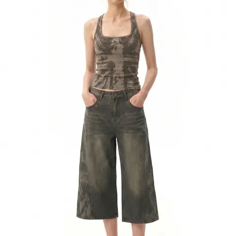 FDR Women’s Distressed Camo Flag Print Tank Top, Slim Fit Y2K Studded Graphic Top, High Stretch Soft Fabric, Sleeveless Summer Cami for Daily Wear, Workout, Casual Streetwear & Layering Outfit