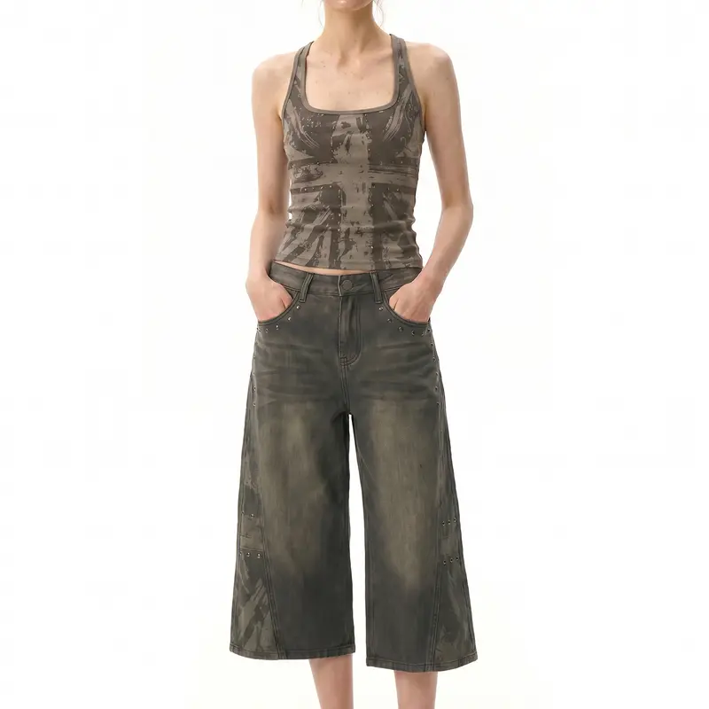 FDR Women’s Distressed Camo Flag Print Tank Top, Slim Fit Y2K Studded Graphic Top, High Stretch Soft Fabric, Sleeveless Summer Cami for Daily Wear, Workout, Casual Streetwear & Layering Outfit