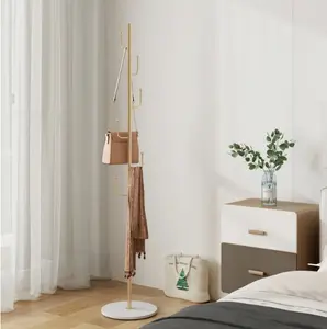 Gold Freestanding Metal Coat Rack 6 Hooks 64.5 in White Stone Base with Coat and Hat Hanger Organizer, Includes Assembly Instructions