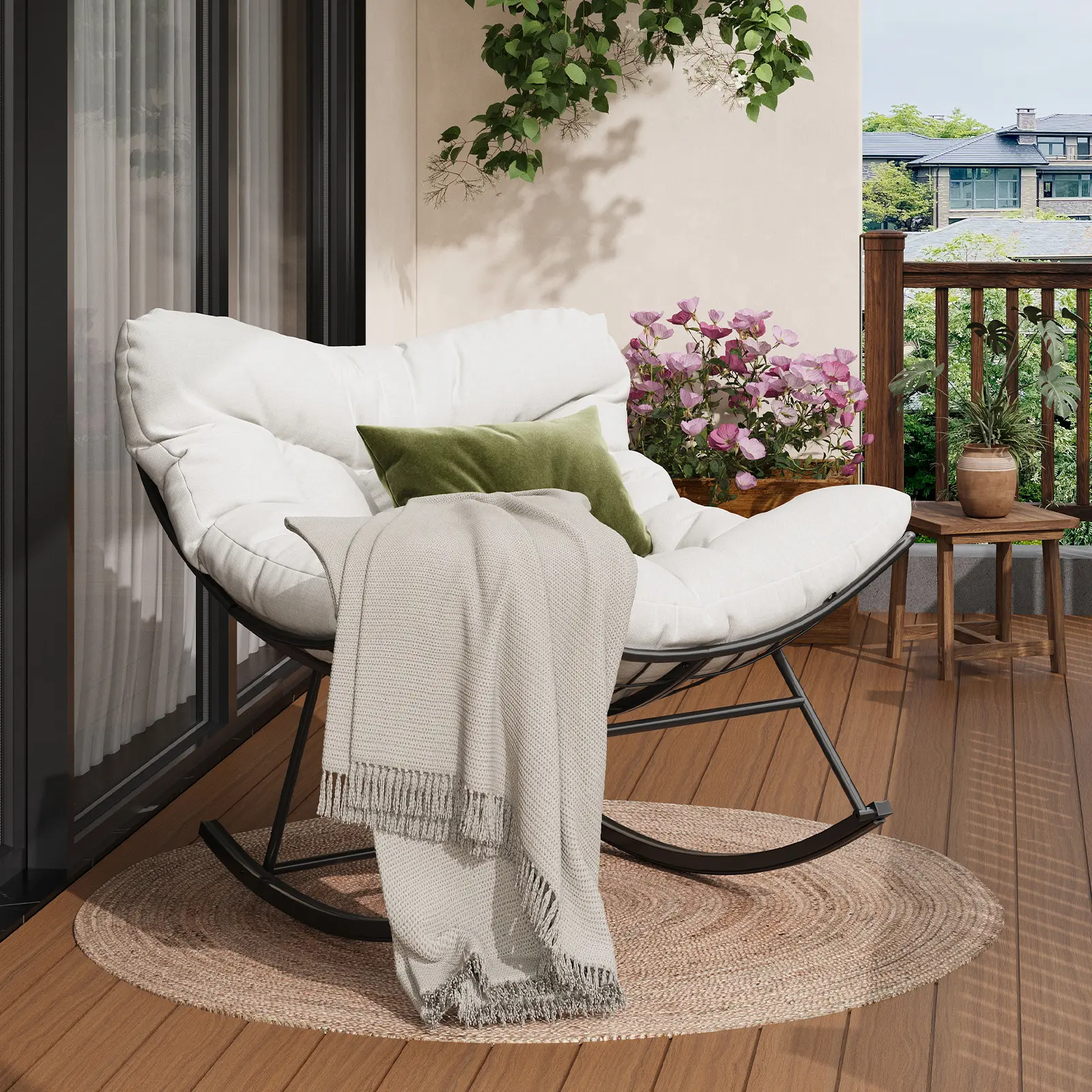 Oversized Papasan Rocking Chair for Patio - Sturdy Metal Frame, Handwoven Rattan, Quick-Dry Cushion, Relaxing Outdoor Lounge for Balcony, Backyard, Porch, Bedroom