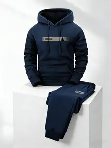 Men's two-piece fashion casual 'FUTURE' graphic print tracksuit - pullover hoodie & elastic casual pants, suitable for daily casual wear, going out, and sports, a stylish and comfortable sweatshirt set for autumn and winter