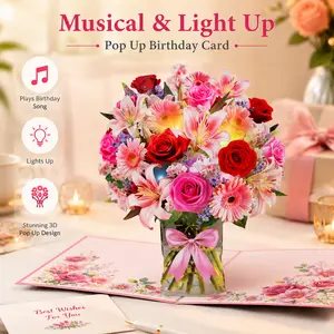 3D Pop-Up Paper Flower Bouquet Greeting Card with Music & Lights - Lily, Daisy, Carnations Design - Gift for Mom, Women for Birthday, Anniversary