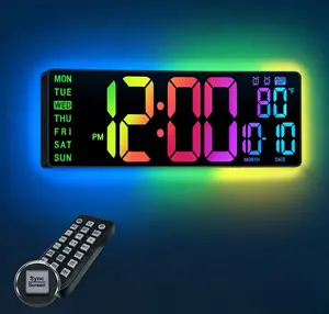 16.5 inch Large Digital Clock, Auto DST LED Wall Clock with Bluetooth Sync, Remote Control & RGB Night Light, Temperature Display, Dual Alarms for Classroom, Living Room & Kitchen